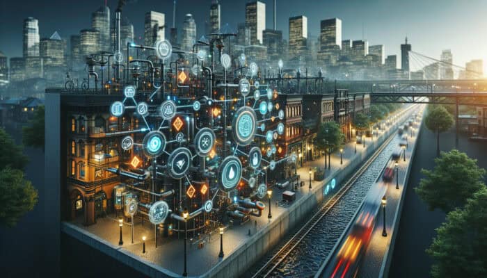 Modern urban drainage system in Gastown featuring smart sensors and IoT technology, displaying real-time data on monitors.