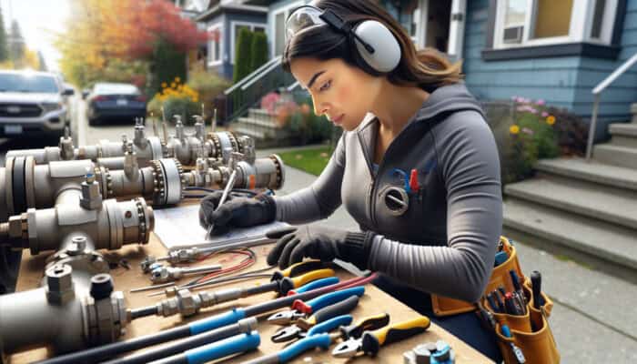 A technician maintaining natural gas lines in Kitsilano with tools in a neat, organized environment under various weather conditions.