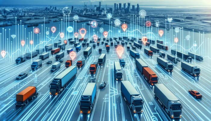 A logistics hub featuring trucks, fuel price indicators, and regulatory signs, illustrating various transport challenges.