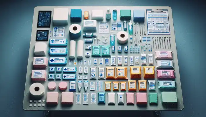 A selection of medical tissue wipes arranged on a clinical table, organized and labeled.