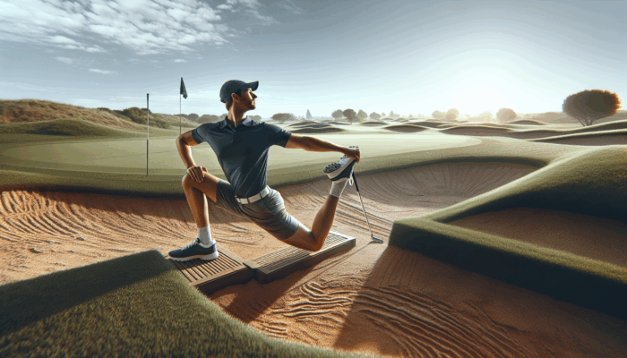 Best Golf Mobility Exercises: A South African golfer performing seated and standing hamstring stretches on varied terrain under a clear sky.