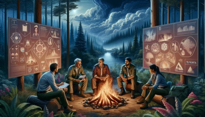 Group of wilderness experts discussing fire safety around a campfire with educational posters in a dense forest.