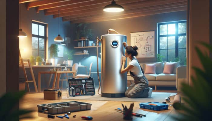 Modern hot water tank installed in a cozy basement in Ladner, Delta, serviced by a qualified plumber.