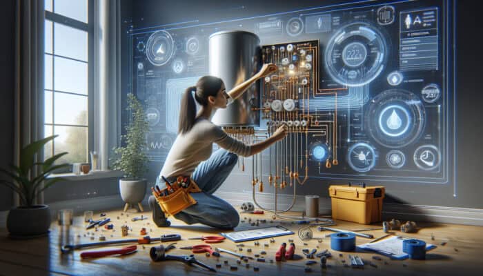 A skilled installer connects a hot water tank to electrical and plumbing systems in a modern residence.