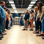People inside a shoe store assessing footwear.