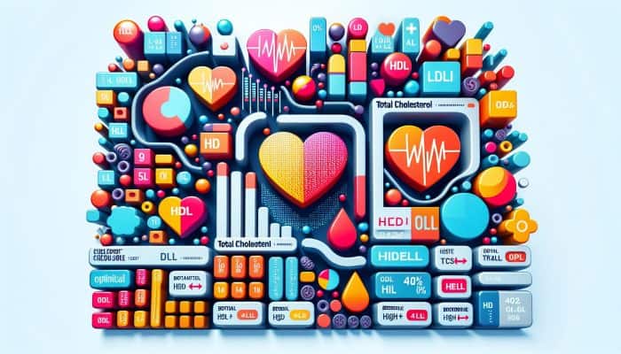 Detailed cholesterol test report showing total cholesterol, LDL, HDL, and triglycerides with optimal, borderline, and high levels.