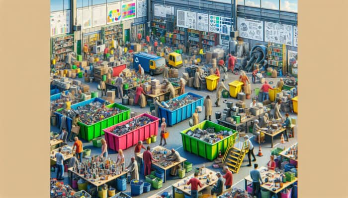 A recycling center with people sorting electronics and hazardous waste, and a charity shop receiving donations.