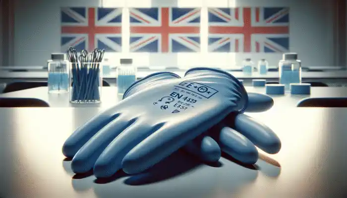 Blue Nitrile Gloves on a Sterile Lab Table with EN455 and EN374 Certifications in View