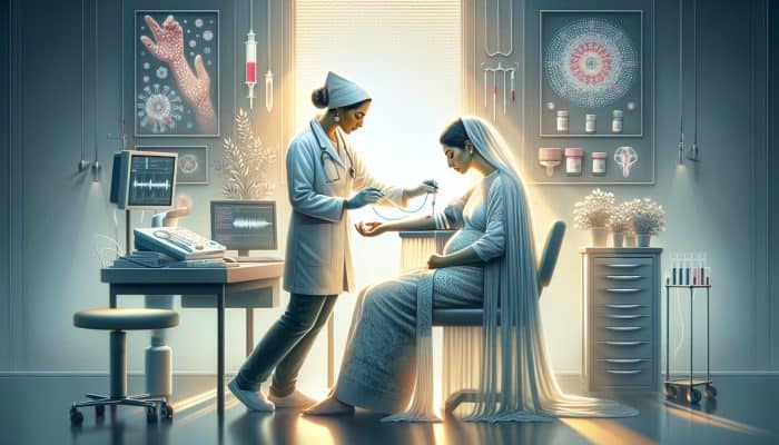 Pregnancy Blood Test in Poole: A nurse draws blood from a serene pregnant woman in a modern clinic, symbolizing accurate hCG pregnancy testing.
