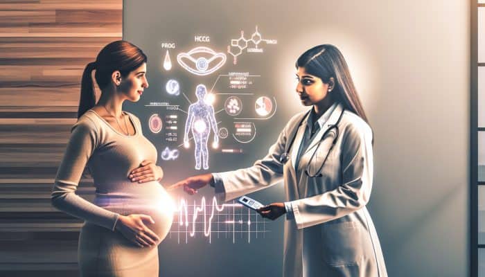 A doctor explains pregnancy blood test results to an expectant mother, pointing to an hCG chart in a serene clinic with medical tools.