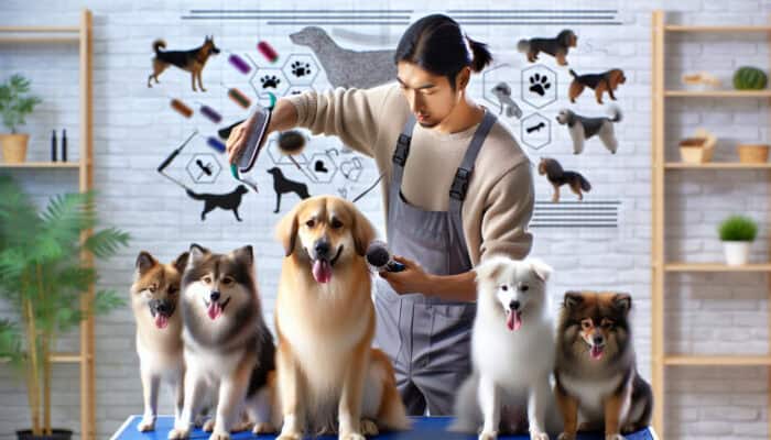A dog groomer using ergonomic brushes and dematting tools on long-haired and short-haired dogs for comfort and effective mat removal.