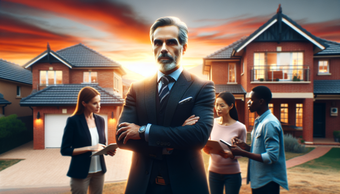 Seasoned Mahikeng estate agent with clients at mid-level properties under South African sunset.