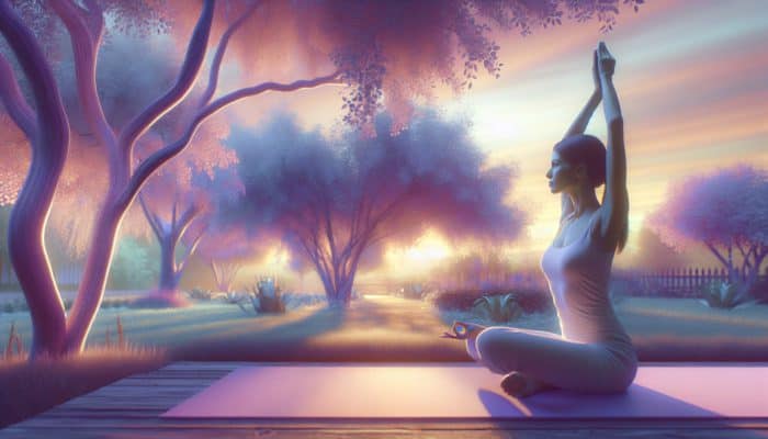 Mastering Menopause Changes Management: A serene woman practicing yoga in a tranquil garden at sunset, symbolizing peace during menopause.