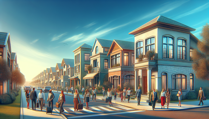 A bustling Witbank street with mid-level homes, families and professionals viewing properties, clear sky.